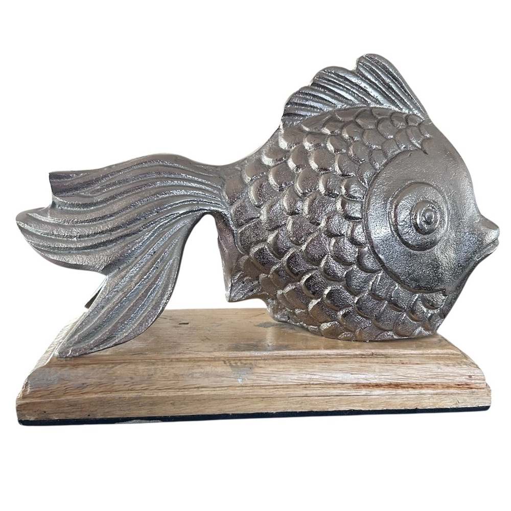 Brass Koi Goldfish Fantail Figurine on wooden‎ base Art Deco ?brass scaled fish